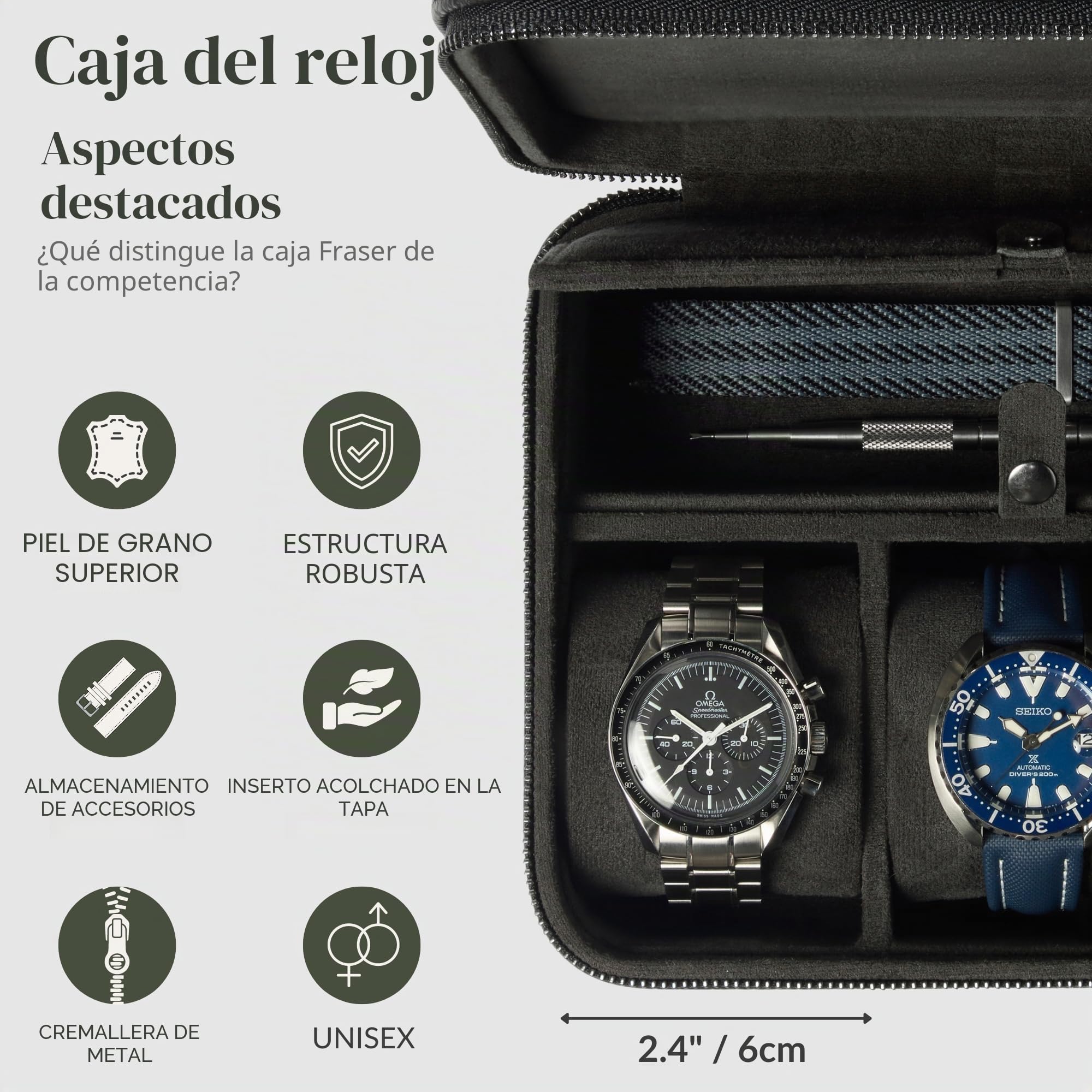 TAWBURY Estuche de Reloj de 3 Ranuras Con Almacenamiento - Funda de Viaje de Cuero de Lujo Para Hombre - Soporte de Reloj Negro