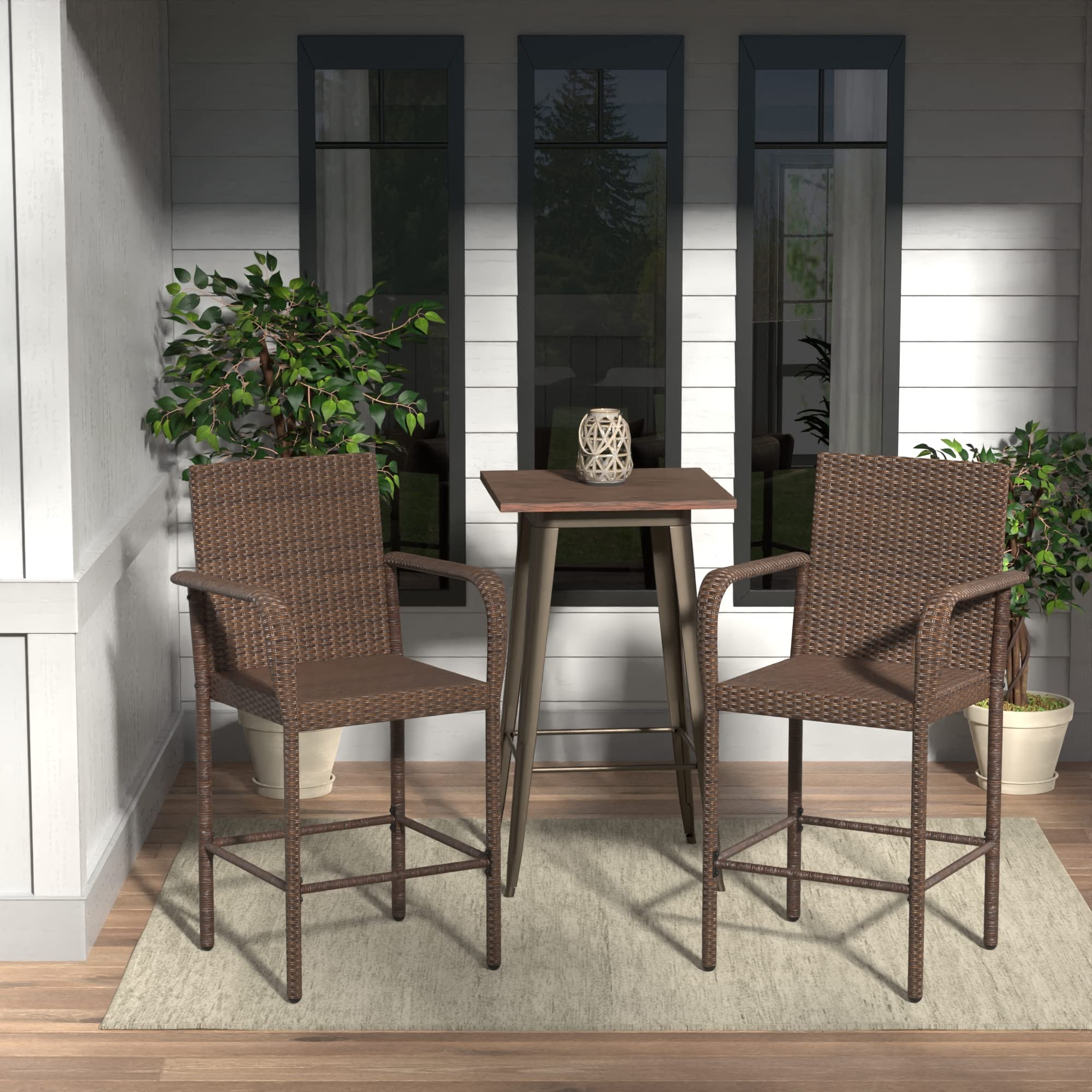 Amazon Brand - Ravenna Home Set of 2 Outdoor Patio High-Back Barstools with Arms, Weather Resistant PE Rattan Wicker, Brown, 26.2" x 22.8" x 46.85"