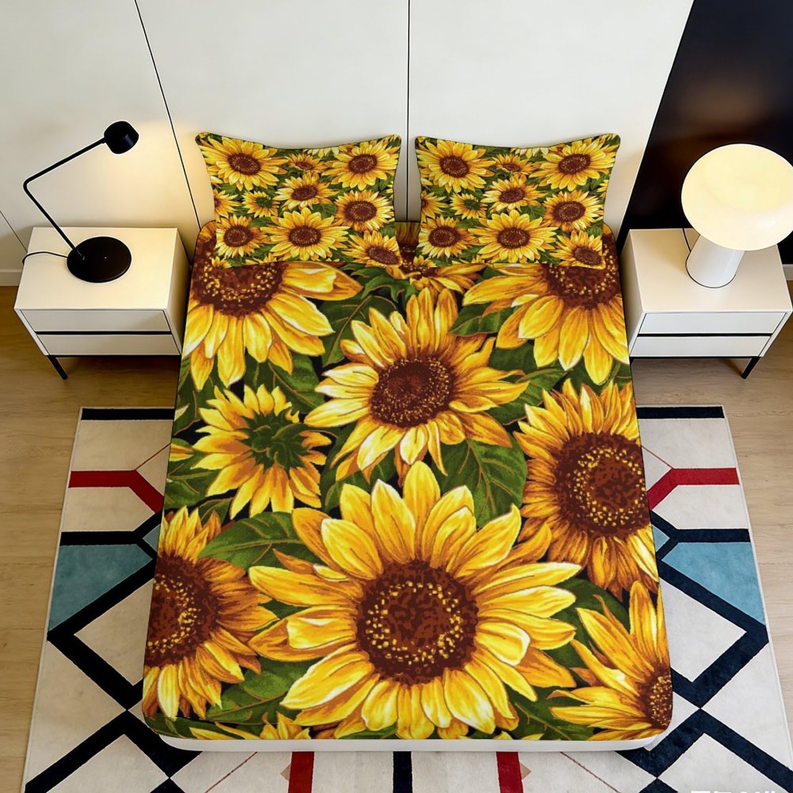 3D Printed Sunflower Fitted Sheet Microfiber Yellow Floral Mattress Cover Anti-Slip Easy Care for Bedroom Guest Room Decor 90x200x25cm