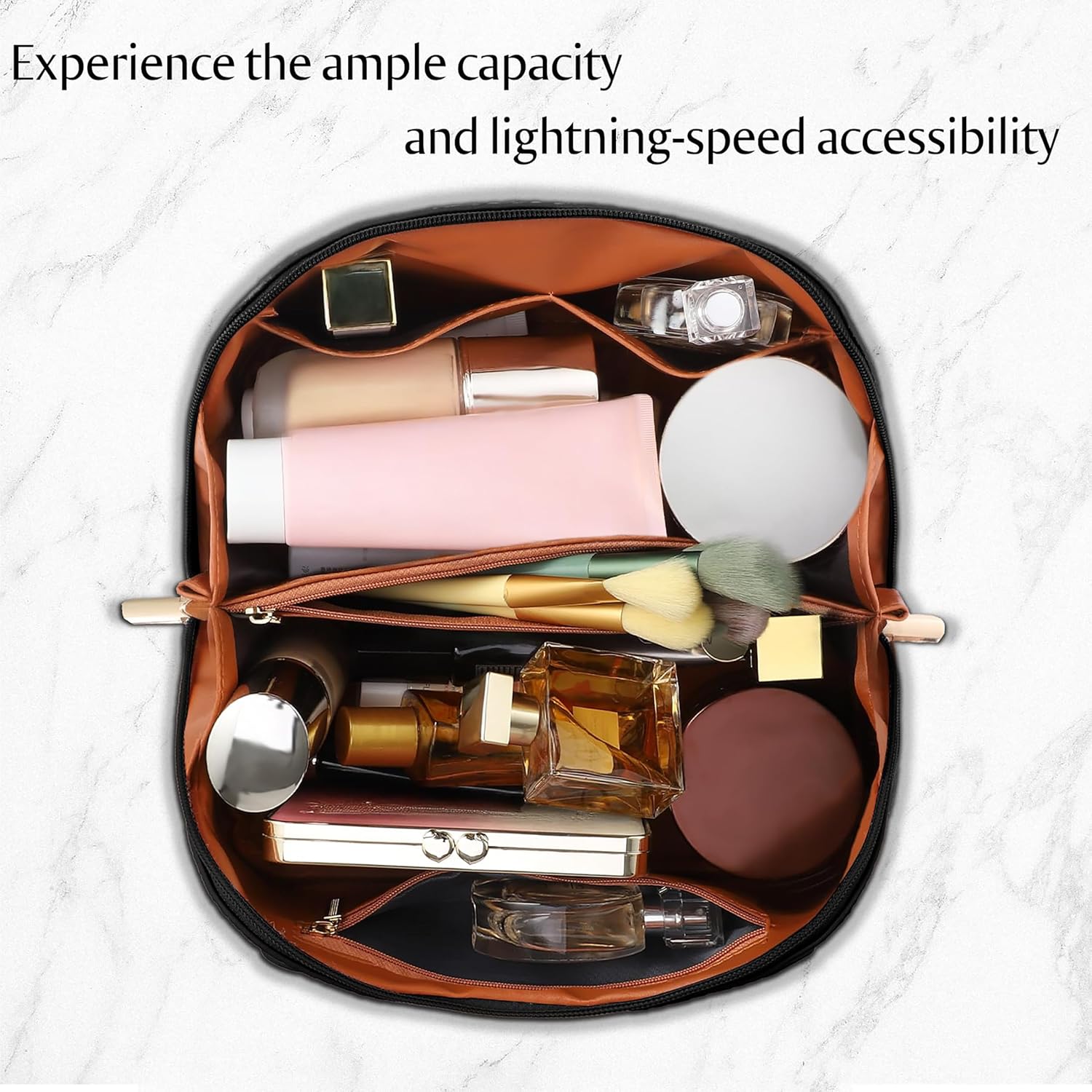 Large Capacity Travel Cosmetic Bag - Portable Makeup Bags for Women Waterproof PU Leather Checkered Makeup Organizer Bag with Dividers and Handle,Toiletry Bag for Cosmetics - Image 3