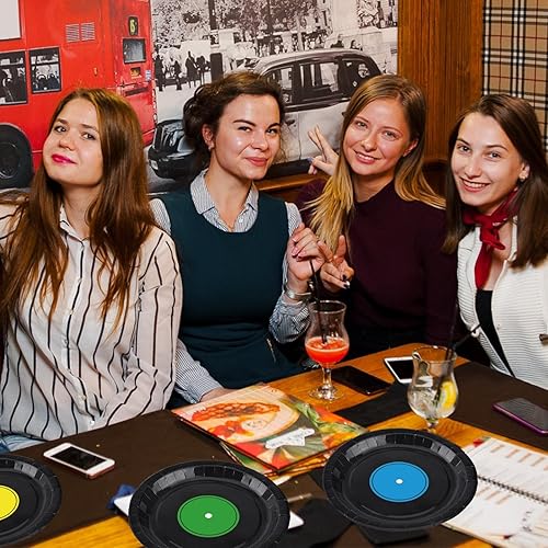 Miniatura 6 de Paquete de 100 platos de papel de registro de los años 50, platos decorativos de 9 pulgadas de regreso a los años 50, vajilla desechable para