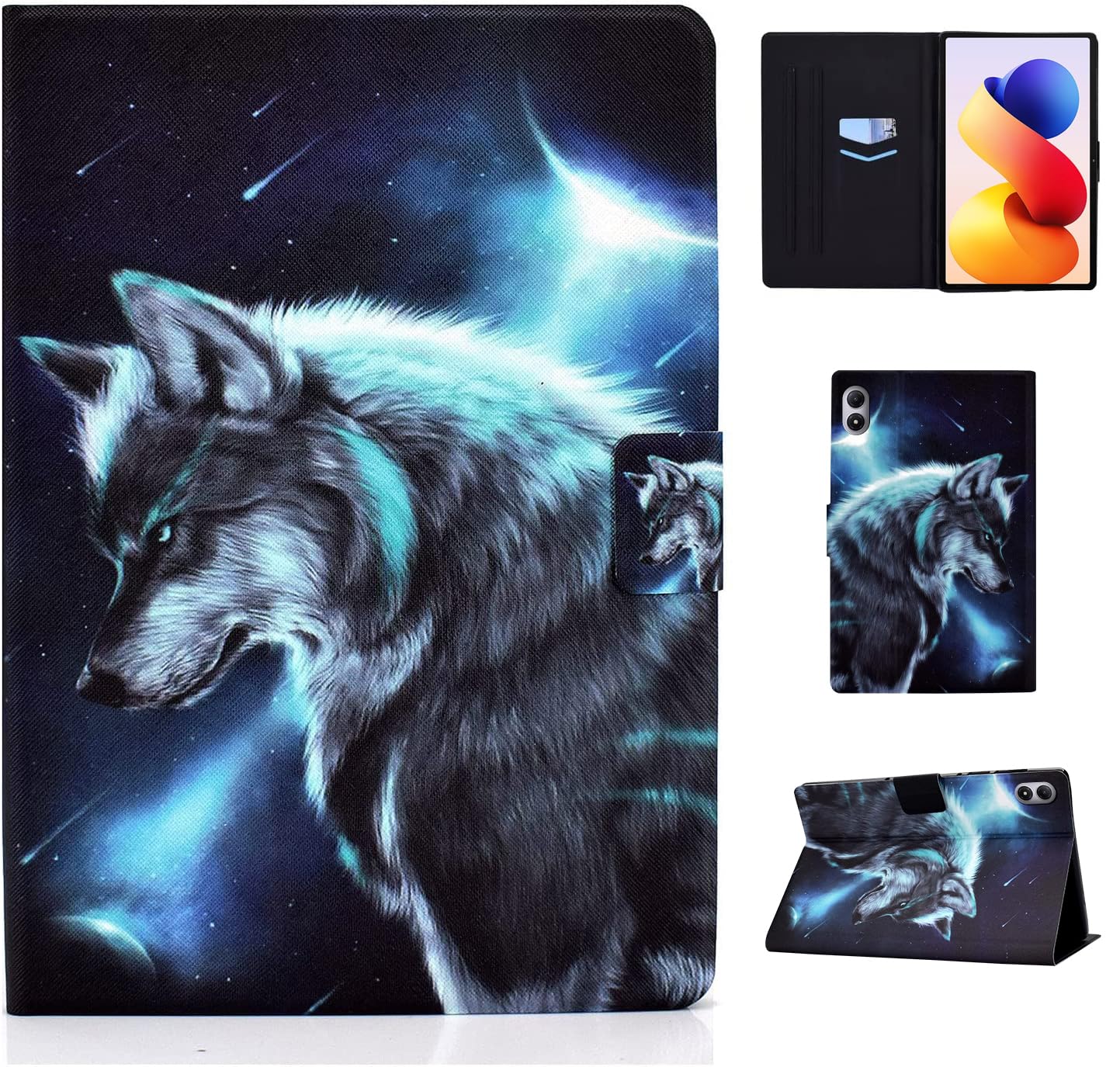 LSPCASA Hülle für Xiaomi Redmi Pad 2 Pro 2025 12.1 Zoll Hülle Xiaomi Redmi Pad 2 Pro 12.1" PU Leder Folio Flip Case für mit Ständer Kartenfächern Wallet Tablet Cover Wolf