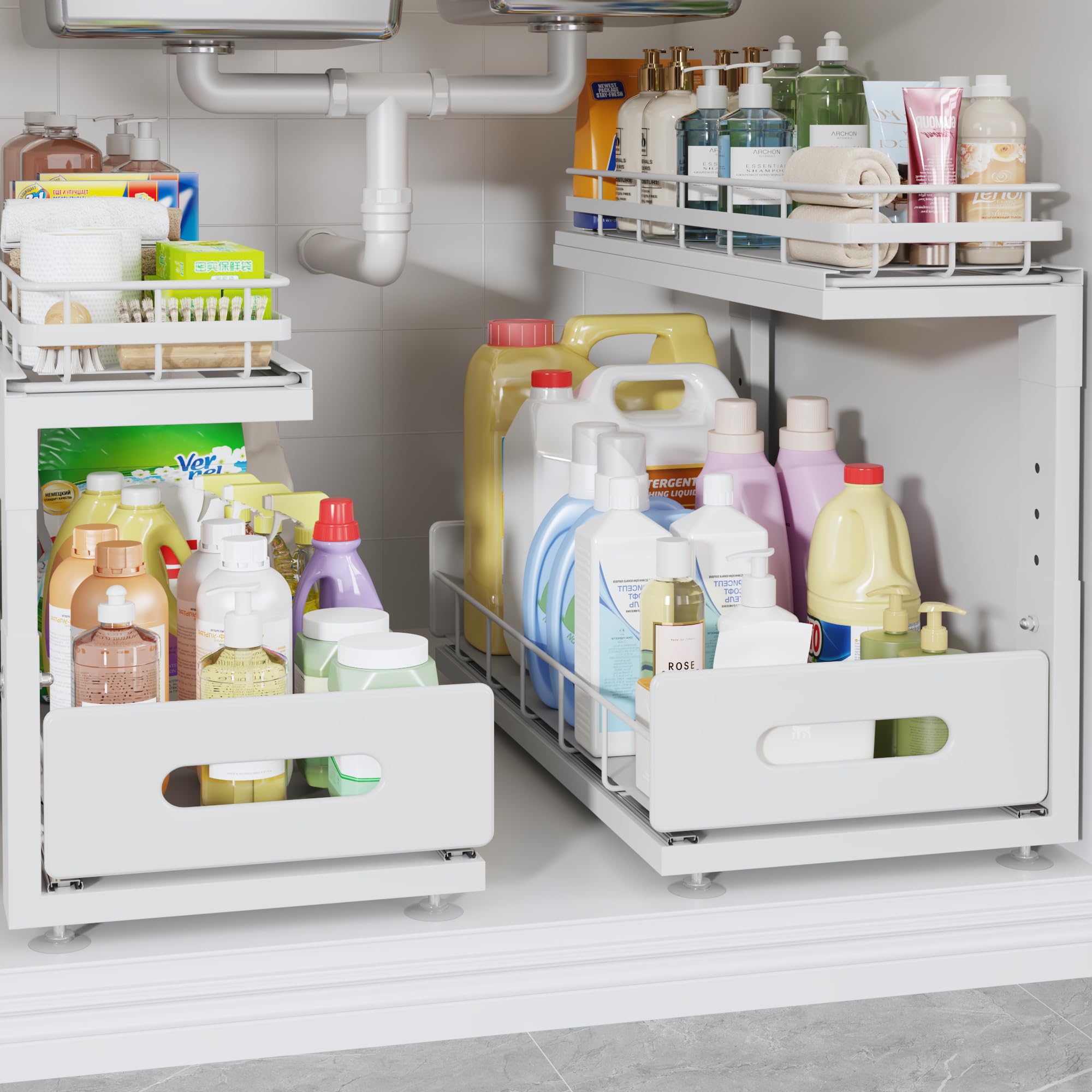 Under Sink Organizer Upgrade To Professional Rails,2-Tier Dual Pull Out Cabinet Storage,Height Adjustable Slide Out Drawers For Bathroom Kitchen,2 Pack-18.5"Dx12.8"-16.9"H,White