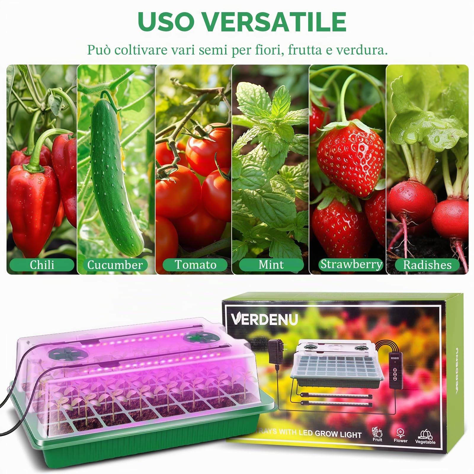 Verdenu Vassoio Germinazione con Luce di Crescita, Semenzaio Germinazione con Cupola di Umidità, Semenzaio con Timer Intelligente, 3 Modalità, 4 Temporizzazioni, Serra per Germinazione per Interni