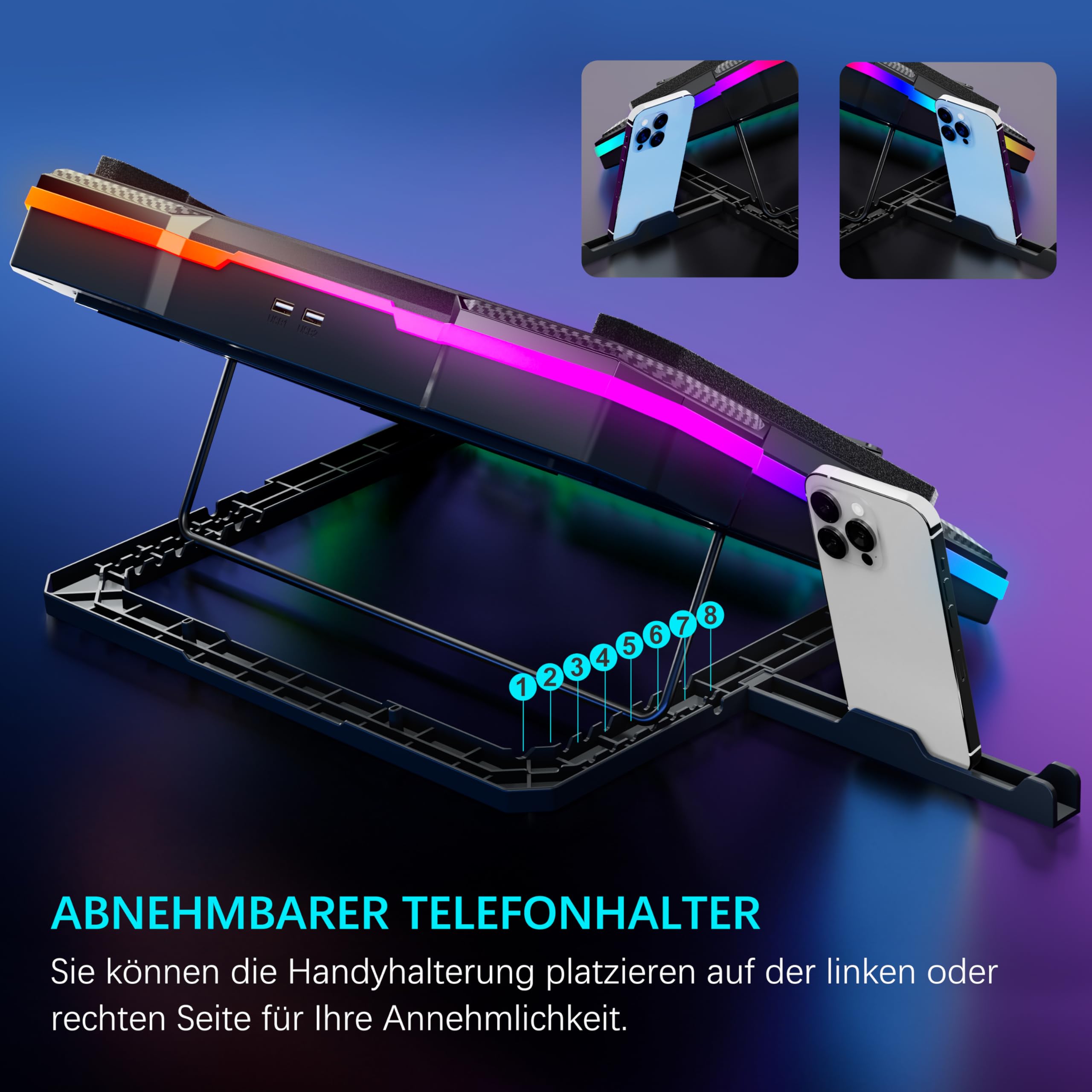 Laptop Kühlkissen Leistungsstarker Turbolüfter RGB Gaming Notebook Kühler Laptop Lüfter Kühlständer mit 8 Höhenverstellbar und Handyständer, für 14-19 Zoll Laptop - Farbiges LED Licht
