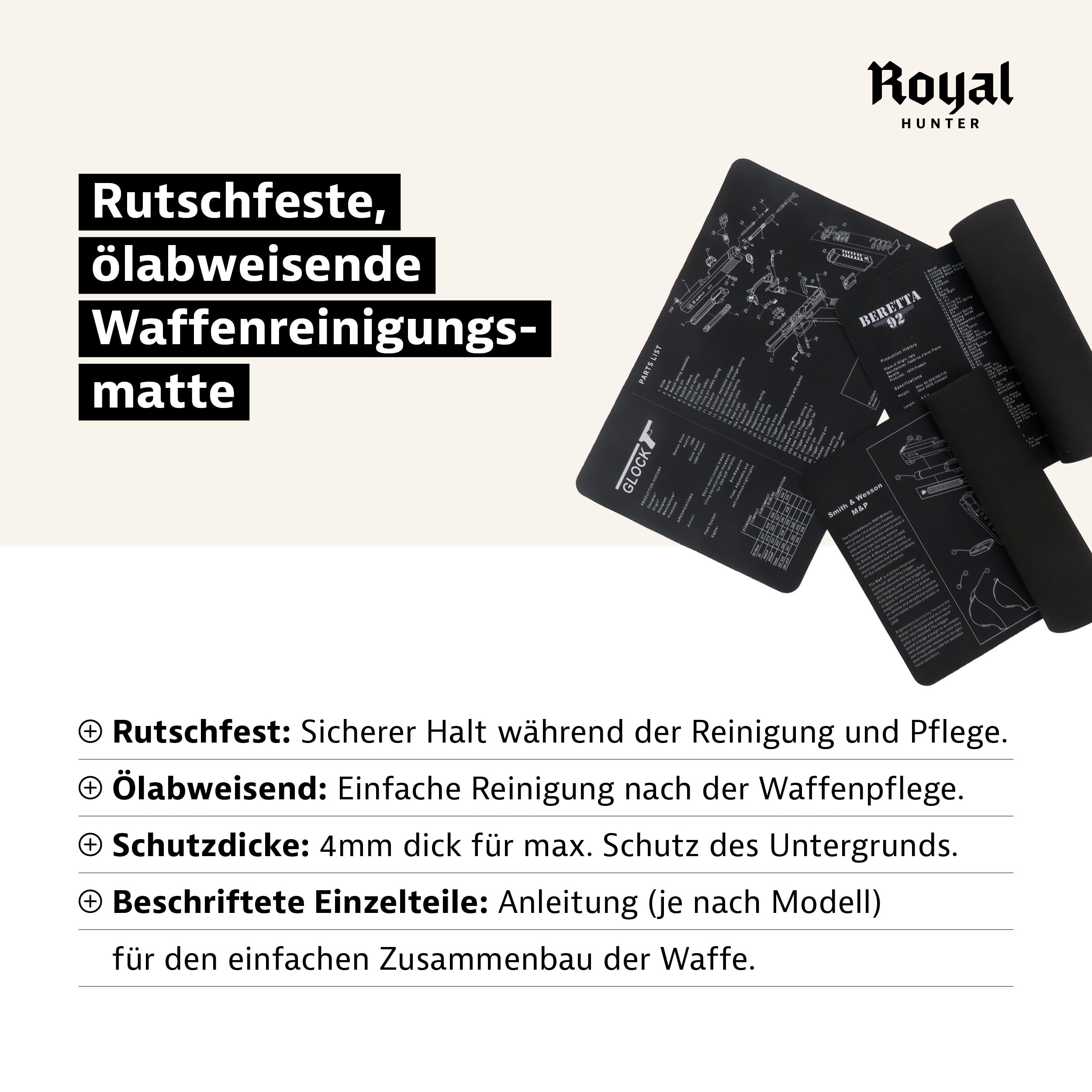 Royal Hunter® Tappetino per la pulizia delle armi, antiscivolo e oleorepellente, per la pulizia delle armi, tappetino per armi con descrizione del modello di molti modelli Glock - Sig Sauer - Baretta