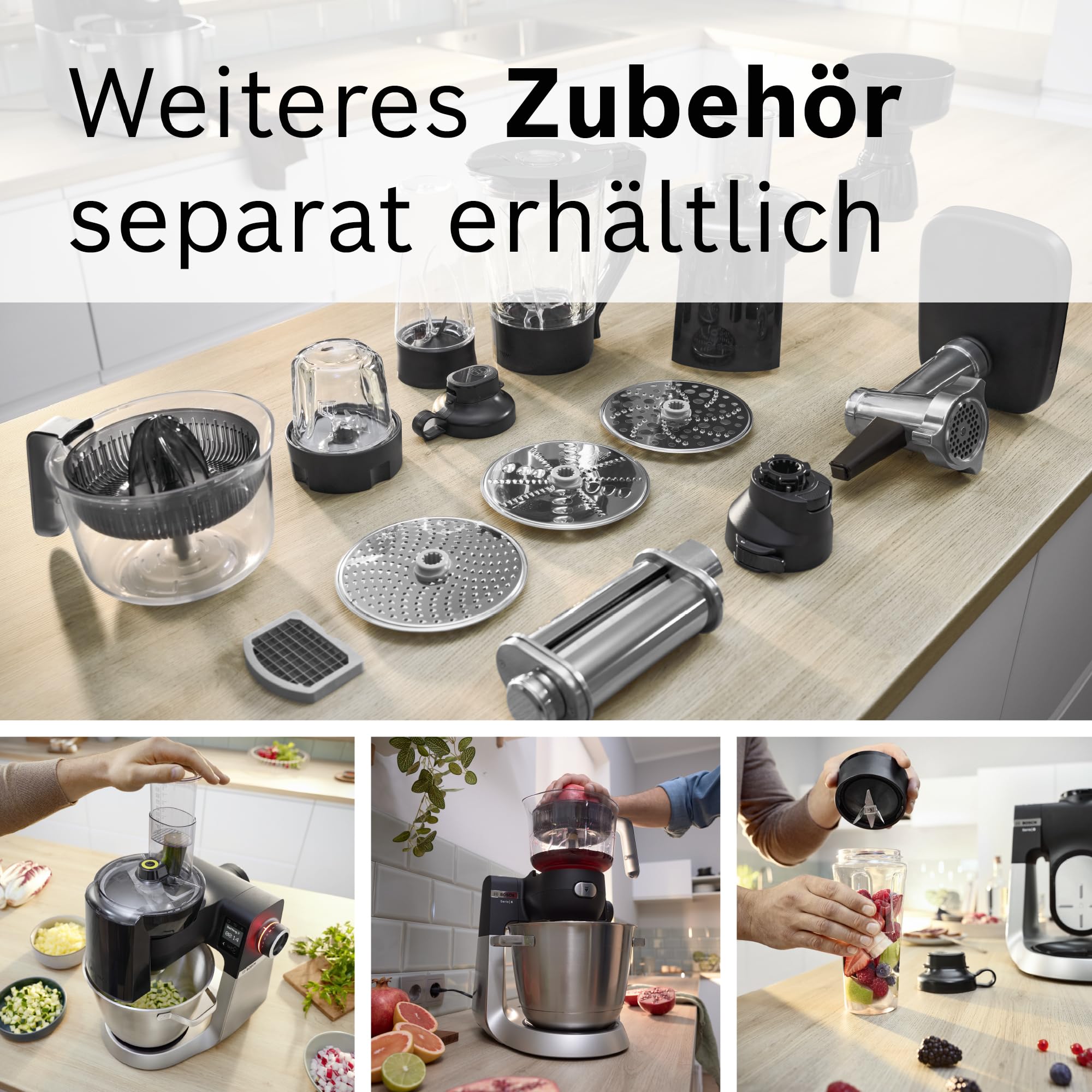 Bosch Küchenmaschine Serie 6, 7 Automatikprogramme, integr. Waage, 5,5l Schüssel, Durchlaufschnitzler, Scheiben, Knethaken/Rührbesen/Silikonbesen, spülmaschinenfest, 1600 W, silber/schwarz, MUMS6ZS13D