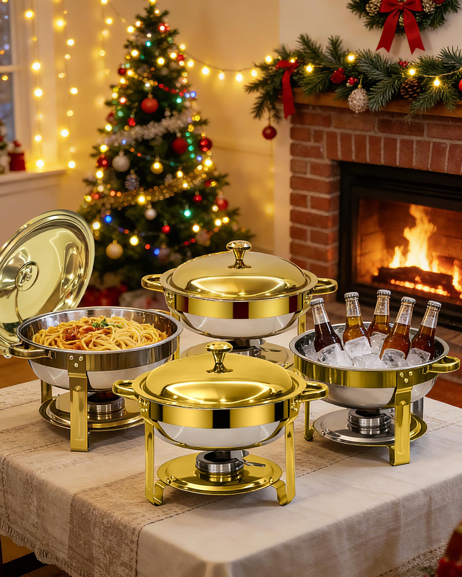 6L Scaldavivande per buffet, Chafing Dish Rotondo in Acciaio Inox, 4 Pezzi | Scaldavivande Buffet per Alimenti Caldi e Freddi con Portacoperchio, per Catering Ristoranti Feste Matrimoni, Oro e Argento