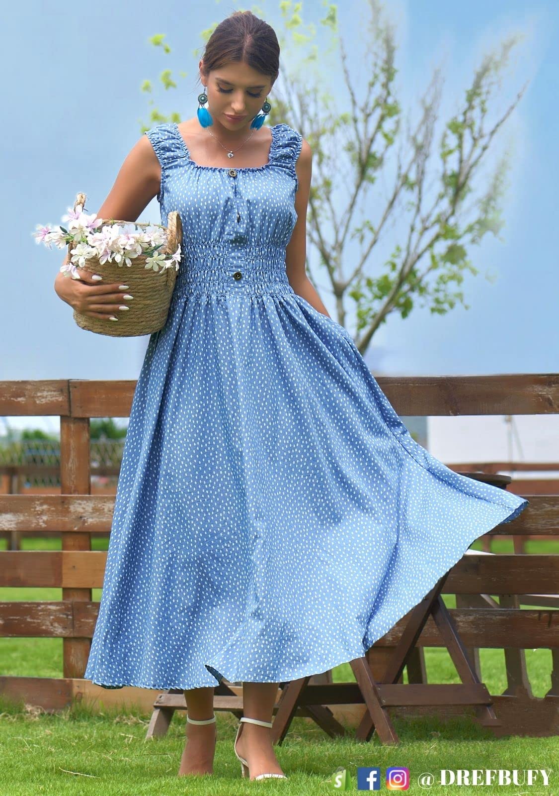 DREFBUFY Vestido largo de mezclilla para mujer, sin mangas, casual, de algodón, color azul, bohemio, holgado, largo, para mujer