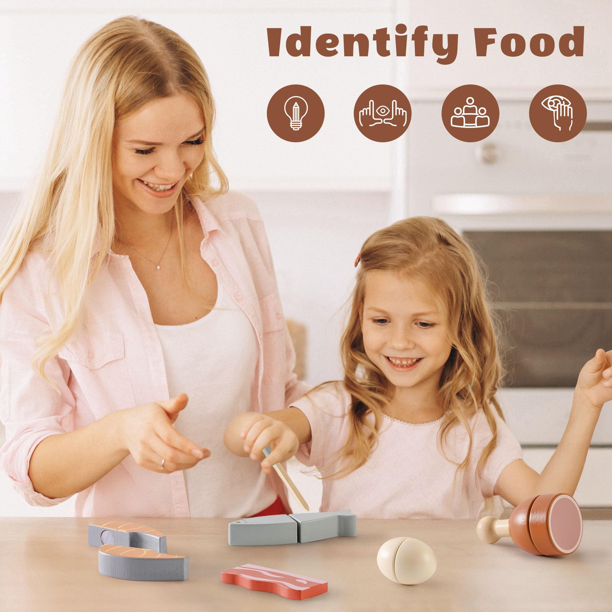 Juego de madera para cortar carne y huevos, juguete de simulación para jugar cocina con bolsa de compras, accesorios de cocina para niños, juguetes de comida de madera para niños y niñas 2