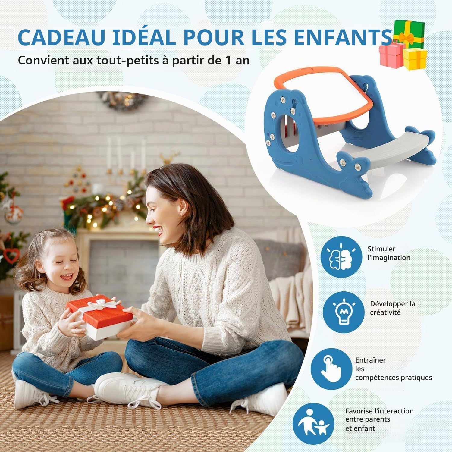 FANTASK Chevalet pour enfants avec plateau de table, tableau blanc et banc, 4 en 1, bleu, double face, en forme de baleine, table de coloriage pour enfants à partir de 1 an