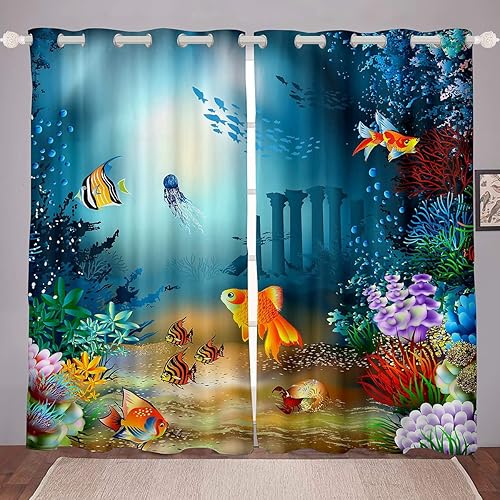 Cortina de océano para dormitorio, con estampado floral de criaturas marinas y peces para niños, niñas, cortina térmica de animales submarinos, 42 x