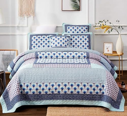 DaDa Bedding - Juego de colcha de retazos de algodón mediterráneo, diseño náutico de mediados de siglo, conchas marinas con olas marinas, color azul