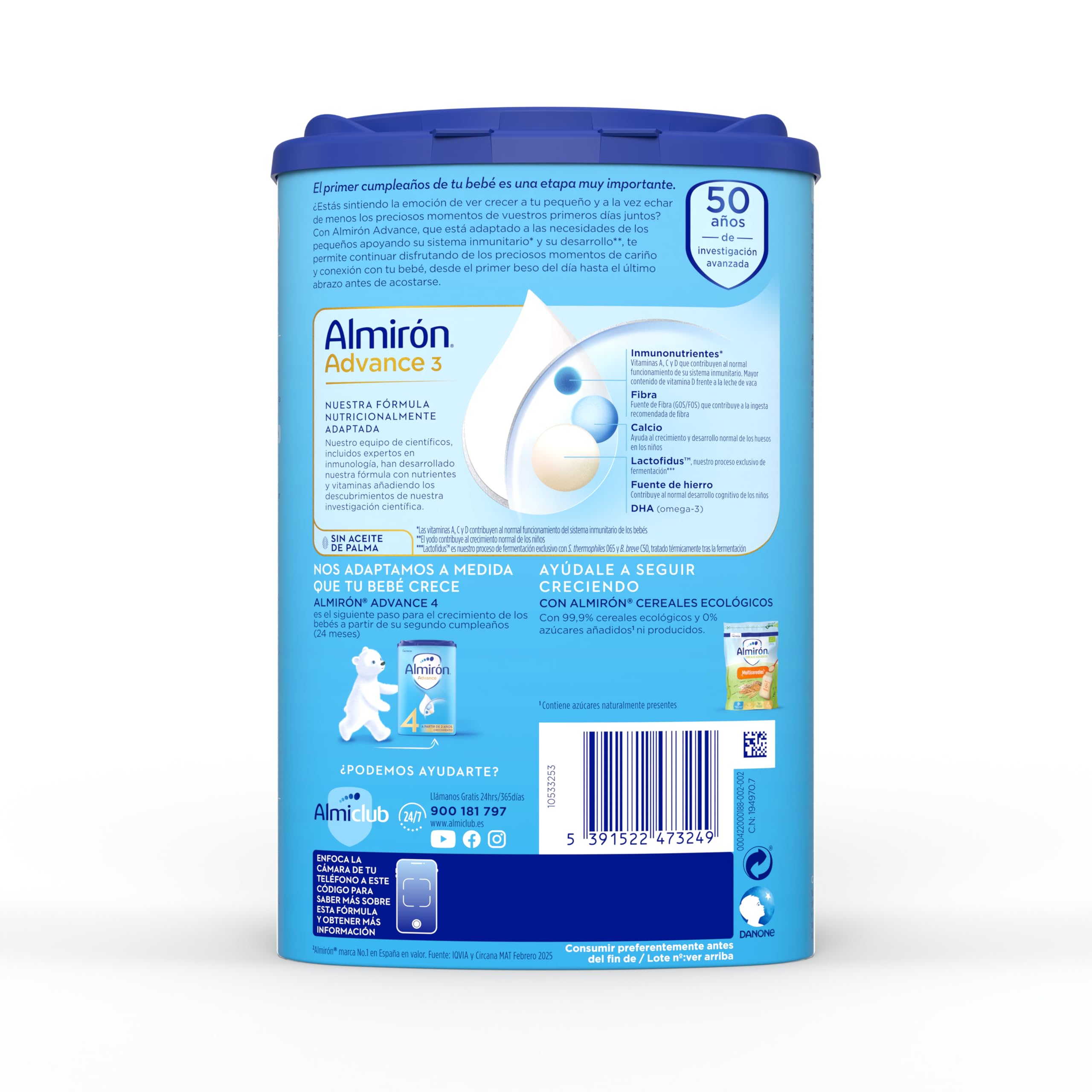 Almirón Advance 3 Leche en Polvo de Crecimiento para Bebé 800g con Vitaminas C y D Sin Aceite de Palma