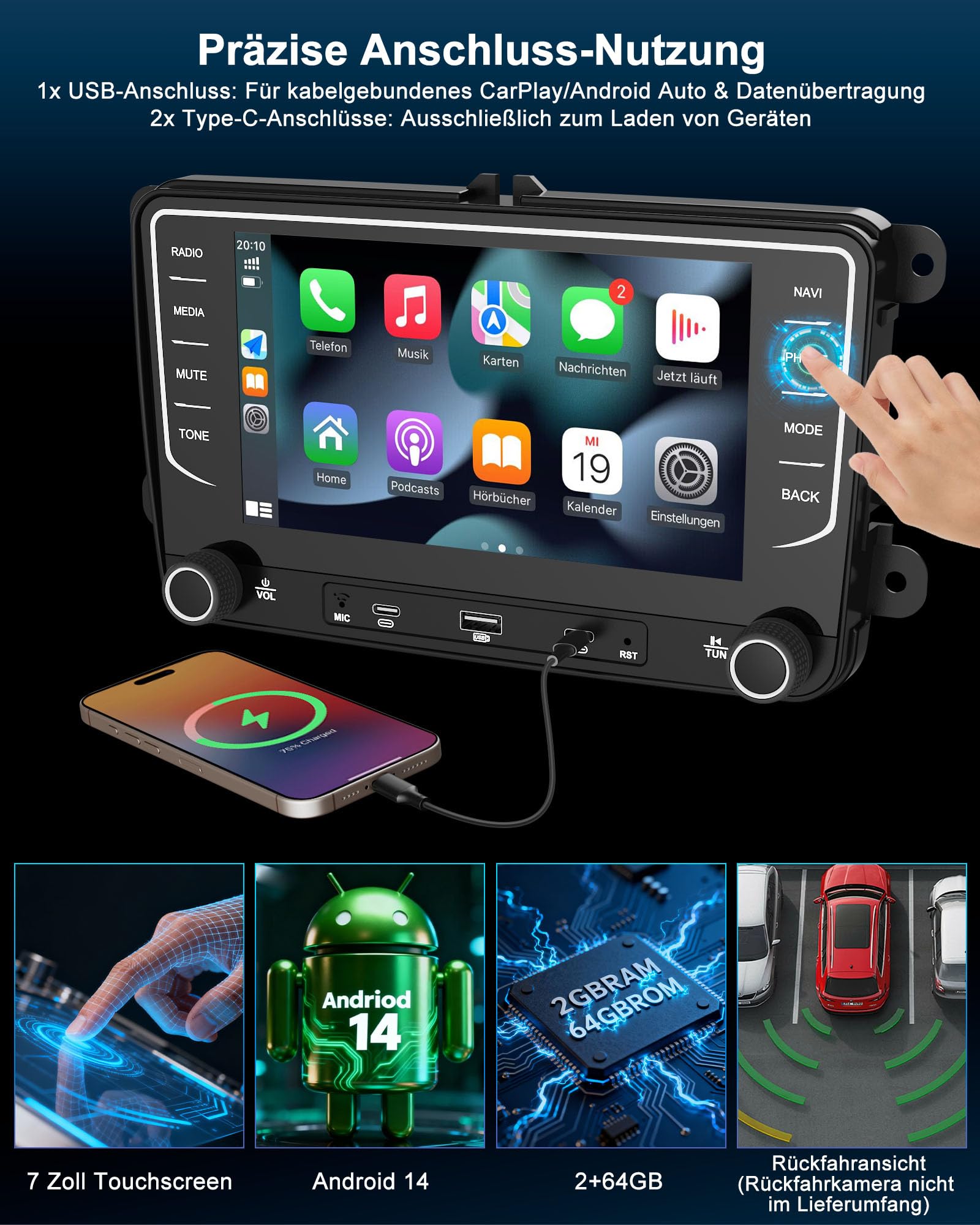 Autoradio mit Bildschirm Bluetooth 2+64GB für VW Golf 5 6 T5 Polo 6R Passat Caddy Seat Skoda, 2DIN 7 Zoll Auto Radio mit Navi DAB WLAN FM/AM, Apple Carplay, Android Auto, Lenkradsteuerung, Android 14