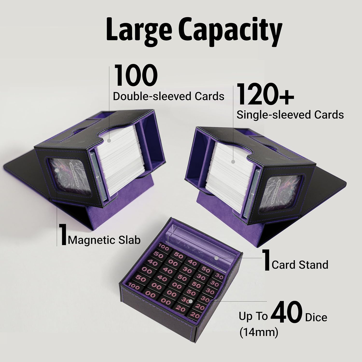 Commander Deck Box for MTG with Dice Tray - Card Deck Box Fits 100 Double-Sleeved Cards & 35PT Card Brick with Commander Display & Magnetic Holder for TCG/CCG Games-Black/Purple
