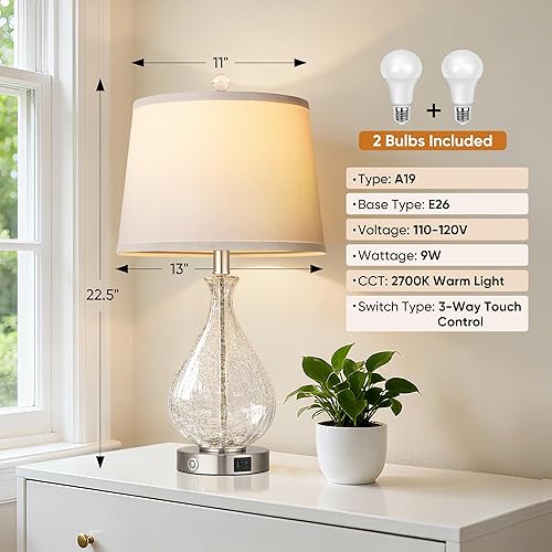 Miniatura 5 de QiMH Juego de 2 lámparas de mesa de cristal para sala de estar, lámparas de noche con puertos de carga USB A+C, lámparas táctiles regulables de 3
