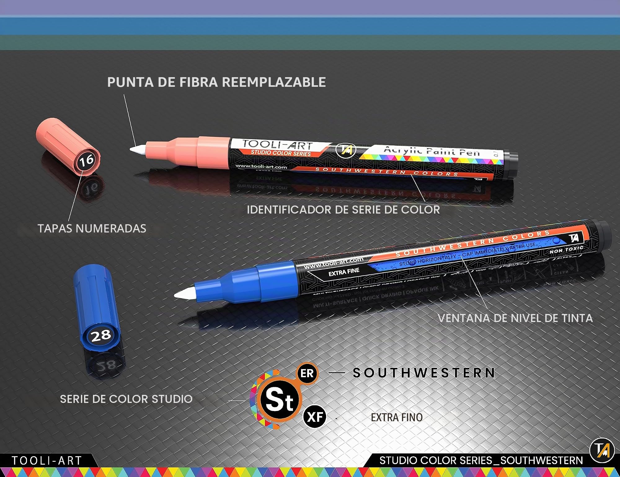 Juego de 28 rotuladores de pintura acrílica Southwestern Colours Studio Colour Series de 0,7 mm, punta extrafina, pintura rupestre, vidrio, tazas, madera, metal, lienzo, bricolaje, detalles, no