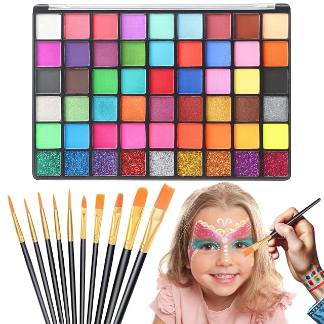 Pintacaras Infantil, 54 Colores Pintura Cara Niños, Pintura Facial con 10 Pinceles,seguro y no tóxico, lavable para niños y adultos, Halloween, fiesta de Navidad