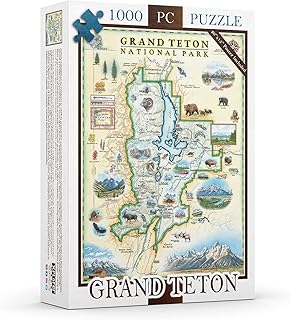 Grand Teton National Park Map Cardboard Jigsaw Puzzle - 1000 Pieces, Hand-Illustrated - Educational, Family Activity, Ages 7+, Includes Poster - 25.4 x 19.8