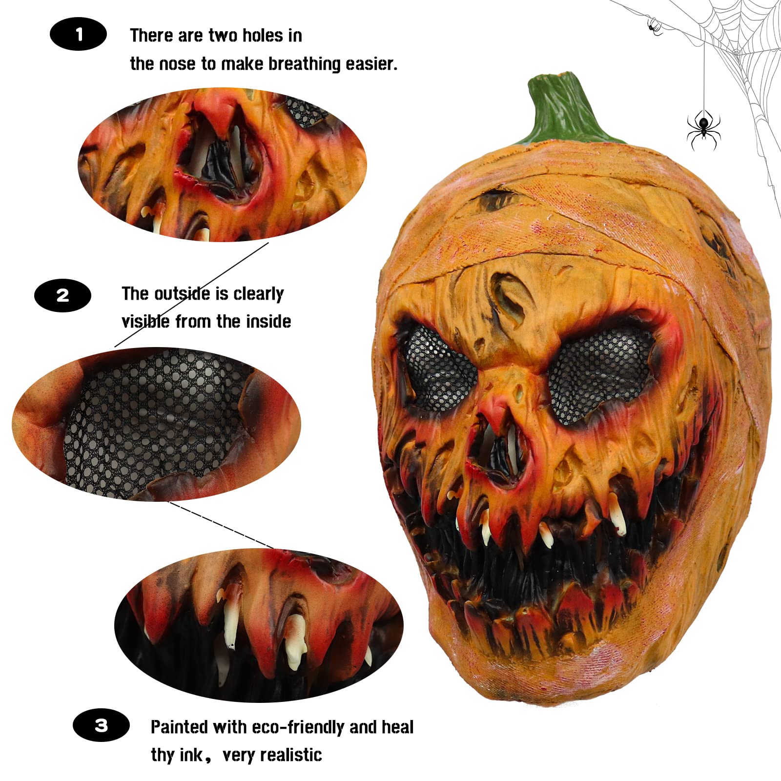 Kouoybt Halloween Pumpkin Mask, Scary Pumpkin Full Head Mask, Creepy Latex Head Mask - Image 2