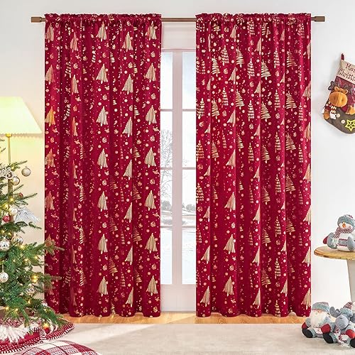 Topfinel Cortinas decorativas de Navidad rojas para interiores para sala de estar, 84 pulgadas de largo, decoraciones de regalo de Navidad, cortinas