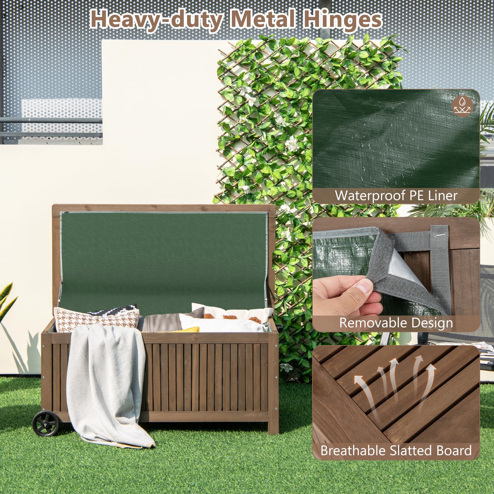 HOMASIS 213L Cassapanca in Legno di Abete, Banco da Giardino con Ruote e Fodera Impermeabile Rimovibile, Scatola di Stoccaggio, Portata 50KG per Terrazzo Balcone, 114x51x58.5 cm