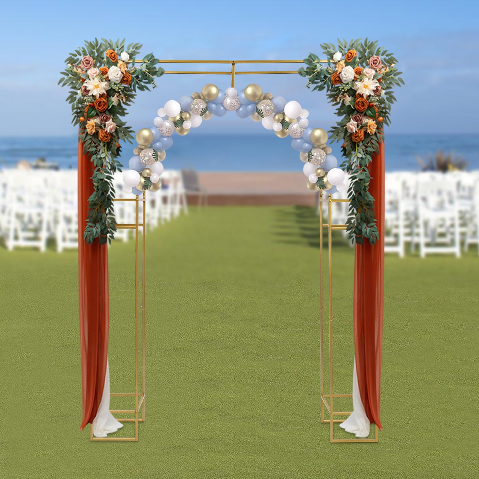 Hochzeit Bogen 1,8 x 2,4 m Hochzeitsbogen Hintergrundkulisse Gold | Gewölbtes Inneres und quadratisches Äußeres Design | Blumen Ballon Freistehend Rahmen Aus Kohlenstoffstahl Stand