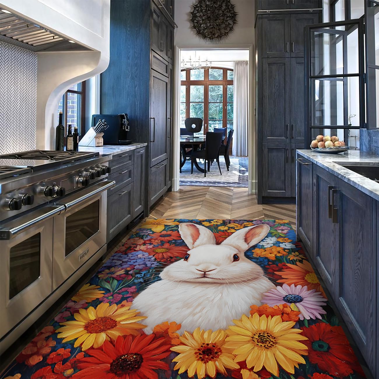 Tapis de Pâques imprimé fleurs colorées avec motif lapin blanc de 80x150 cm