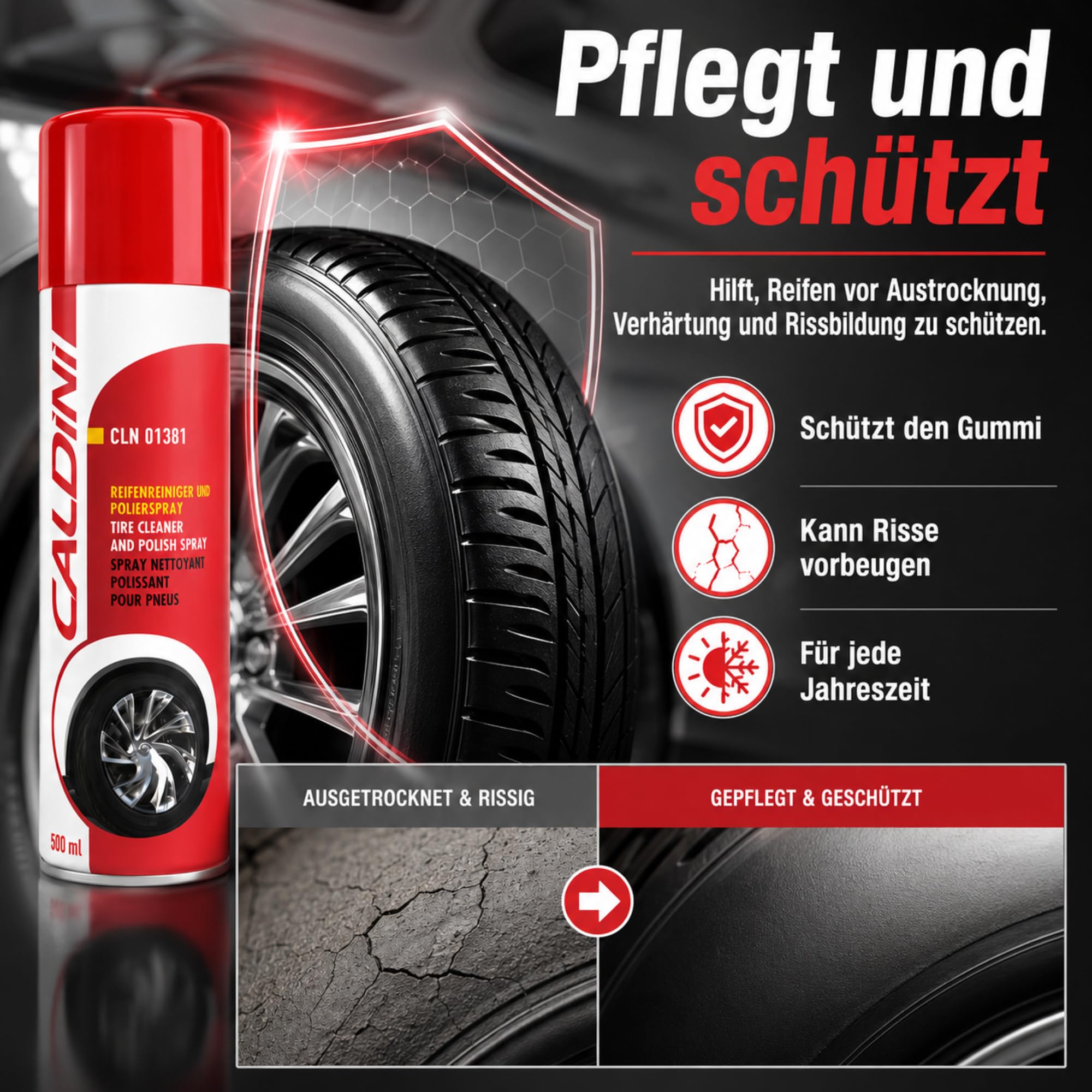 Caldini Reifenglanz Spray 12 x 500 ml, Premium Reifenpflege und Gummipflege, reinigt und pflegt Reifenoberflächen, sorgt für Glanz und Schutz vor Austrocknung, ideal für Auto, Motorrad und Transporter