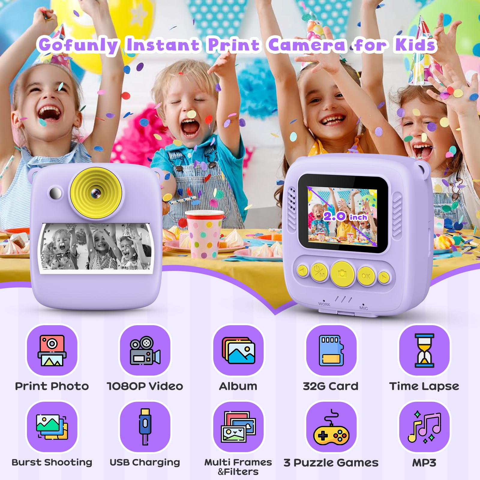 Gofunly Macchina Fotografica Bambini Istantanea, 1080P 2.0 Pollici Fotocamera Digitale Bambini con 32GB Scheda e Carta Fotografica, Regali di Natale Compleanno per 3 4 5 6 7 8 9 10 Ragazze Ragazzida