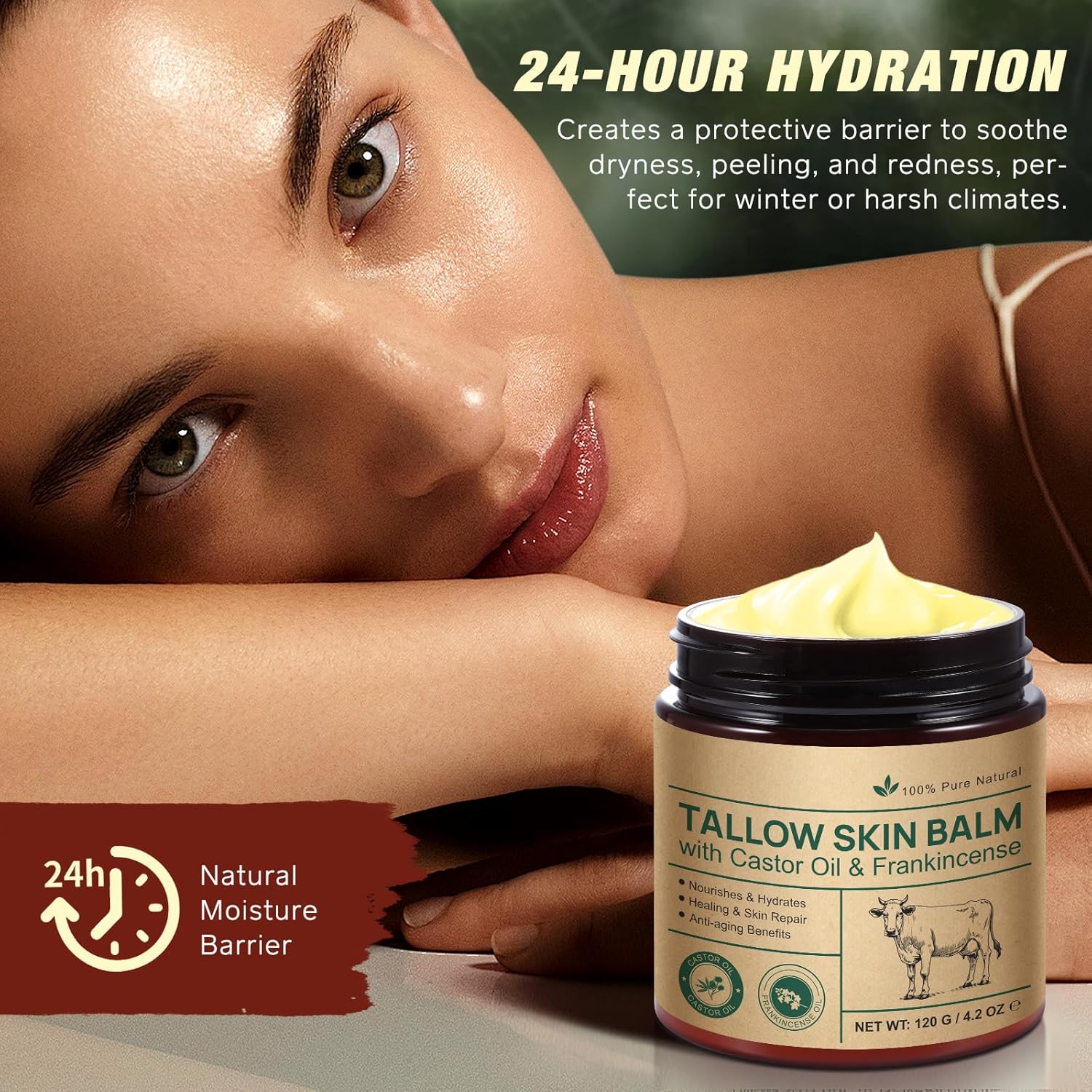 Tallow Frankincense Balm for Face/Body, 100% Grass-Fed Beef Tallow & Castor Oil & Frankincense Oil Moisturizer for Deeply Hydrating/Skin Barrier Repair/Lifting/Firming, Natural,4.2 Oz/120 G - Image 5