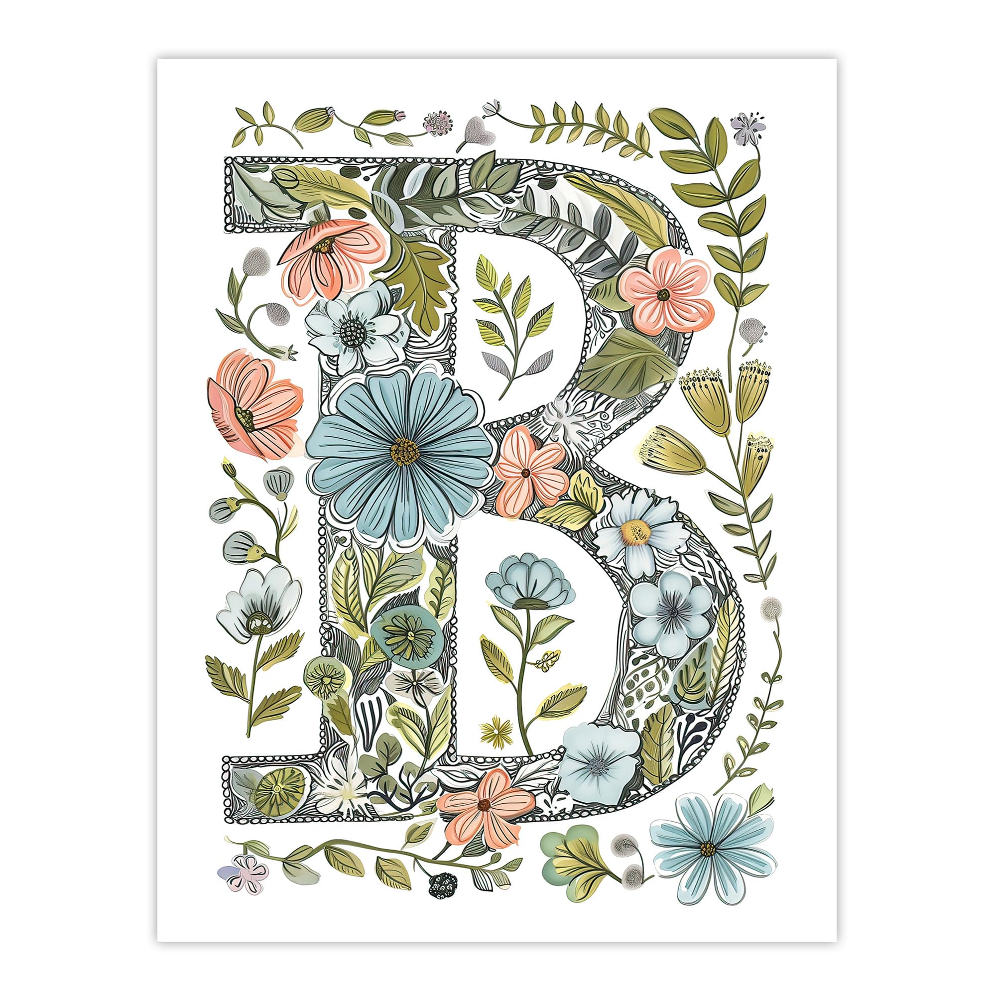 Artery8 Letter B in Flowers Pencil Drawing Nature Leaves Floral Word Art For Her Birthday Mum Wife Woman Friend Extra Large XL Wall Art Poster Print