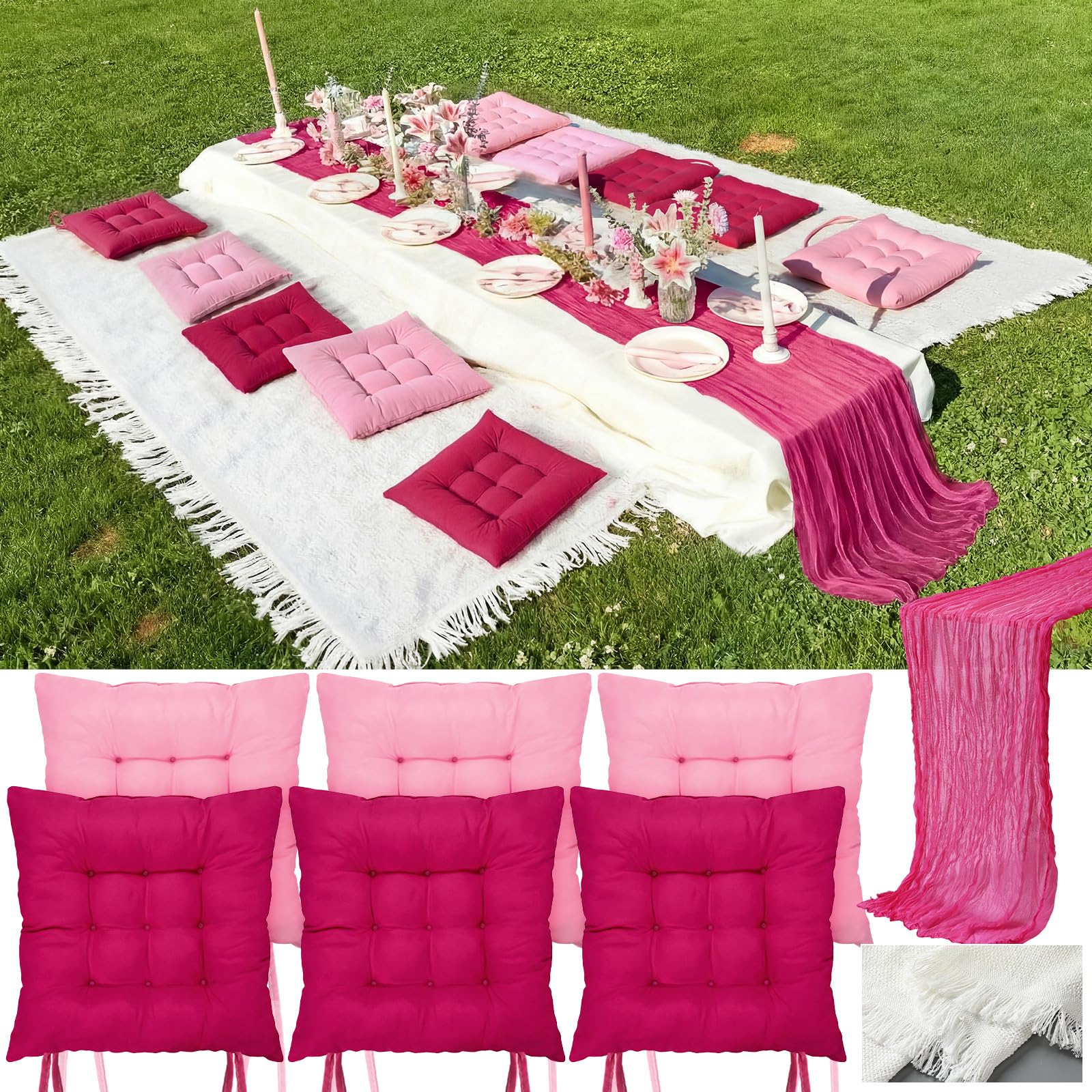 Photo 1 of Hillsuren 8 Pcs Fit for 6 People 91 x 71'' Extra Large Outdoor Picnic Blanket with Rose Red Table Runner and Floor Pillow Cushion Fit for 6 People Picnic Wedding Birthday Baby Shower Backyard Decor