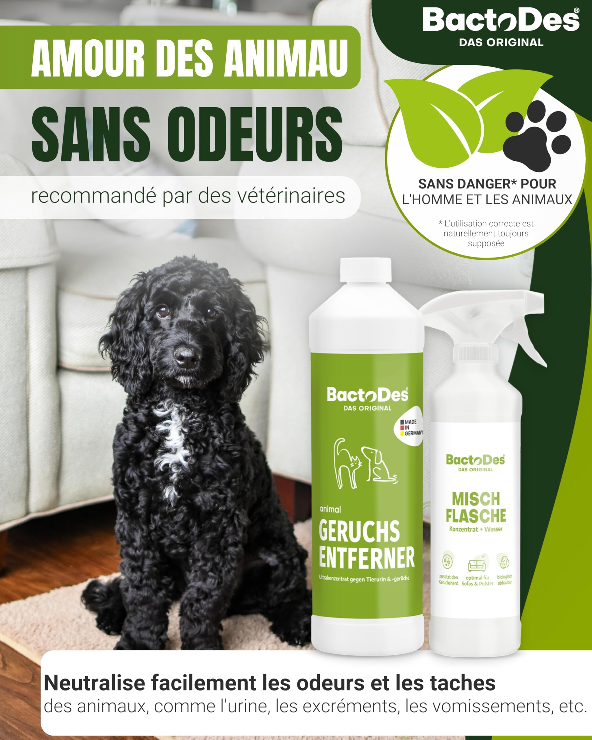 BactoDes - Désodorisant concentré Animaux 2L avec Vaporisateur mélangeur - Spray Chat Anti Pipi Puissant avec Effet microbien Bio - Anti Odeur litiere Chat - Anti Odeur Chien - Elimine Les odeurs
