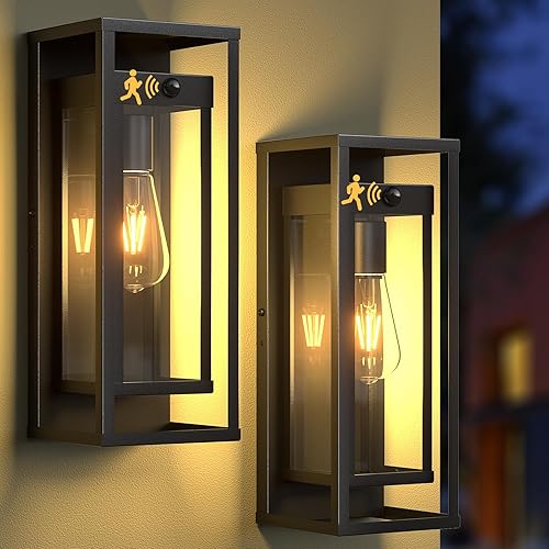 Paquete de 2 lámparas de pared con sensor de movimiento para exteriores, lámpara moderna de 15 pulgadas, lámpara de porche de atardecer a amanecer,