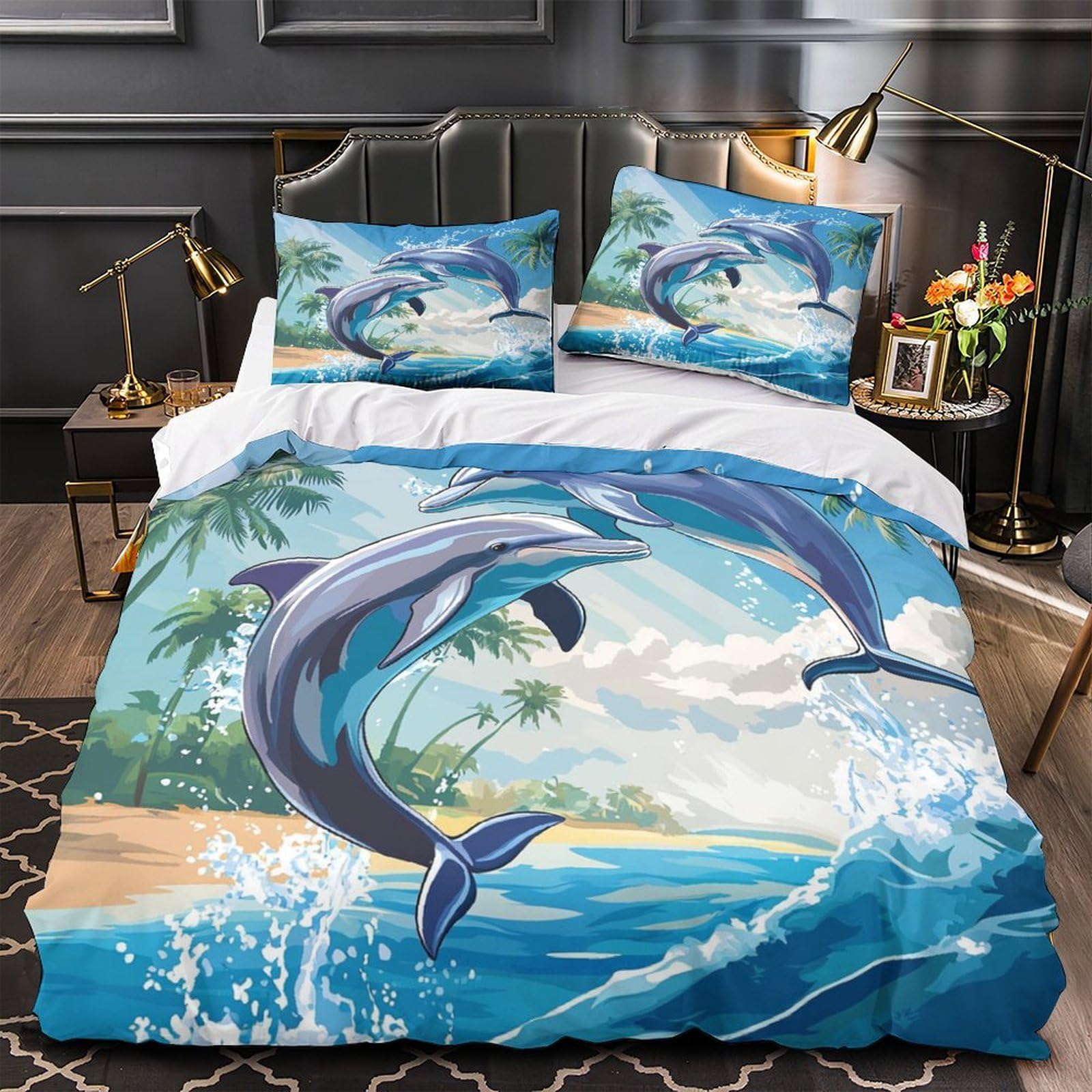 Housse de couette dauphin 3D imprimé océan et drap de couette lit double 200x200