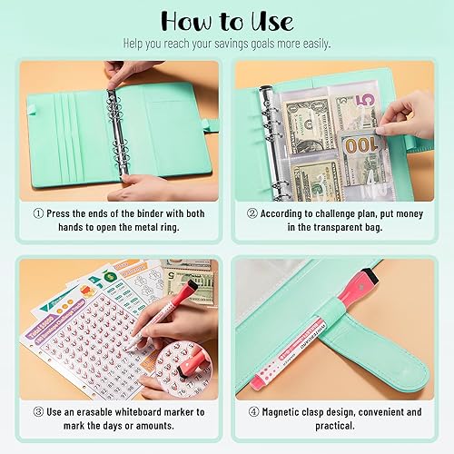 Miniatura 4 de Carpeta de presupuesto con sobres con cremallera, sobres de efectivo para presupuestos, 58 unidades, carpeta de presupuesto A6 de piel sintética,