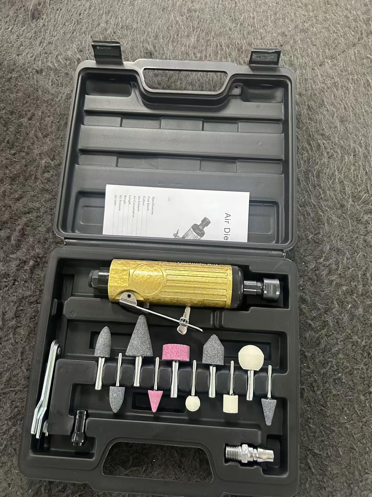 Kit smerigliatrice pneumatica 22.000 giri/min, strumento rotante pneumatico leggero con 10 teste di rettifica e doppie pinze (0,6 cm e 0,3 cm) per sbavatura di metalli, rimozione della ruggine