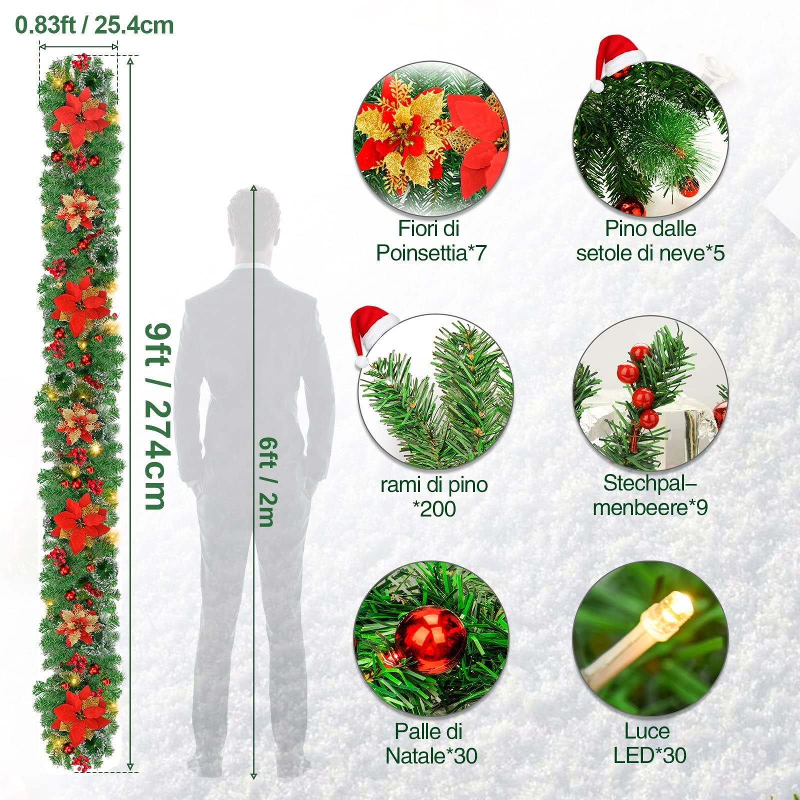 Ghirlanda Natalizia, 2.7M/9 Piedi Decorazioni Natalizie Ghirlande Natalizie con Luci 30LEDs, Festone Natalizio Artificiale per Esterno & Interno, Festoni Natalizi Addobbi Natale per Porta,Camini,Scale