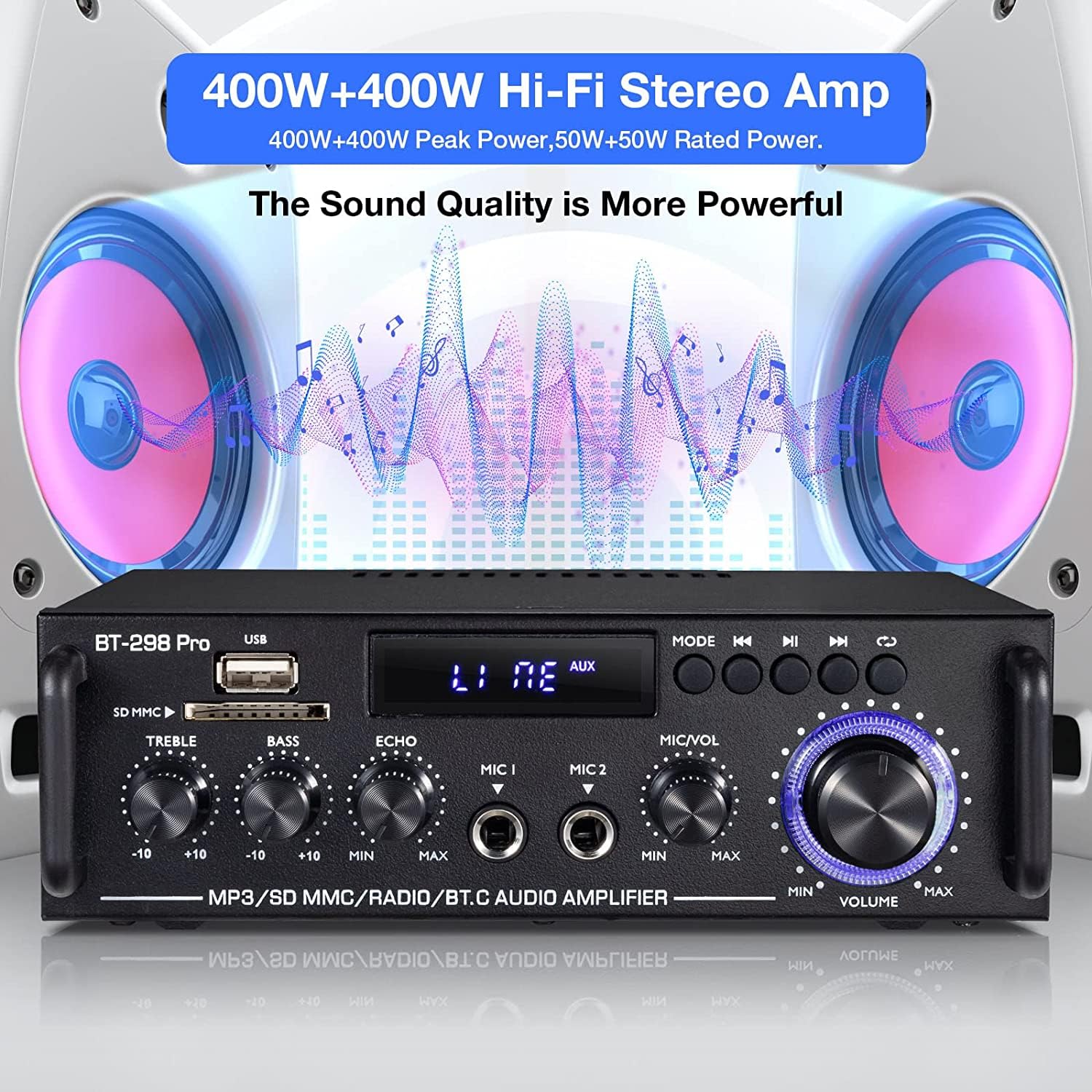 Etlephe Mini amplificador estéreo Bluetooth 5.0 de 298A, amplificador de audio para el hogar, receptor de audio, 300 W 300 W 2 canales receptor de sonido de alimentación/USB, tarjeta SD, radio FM