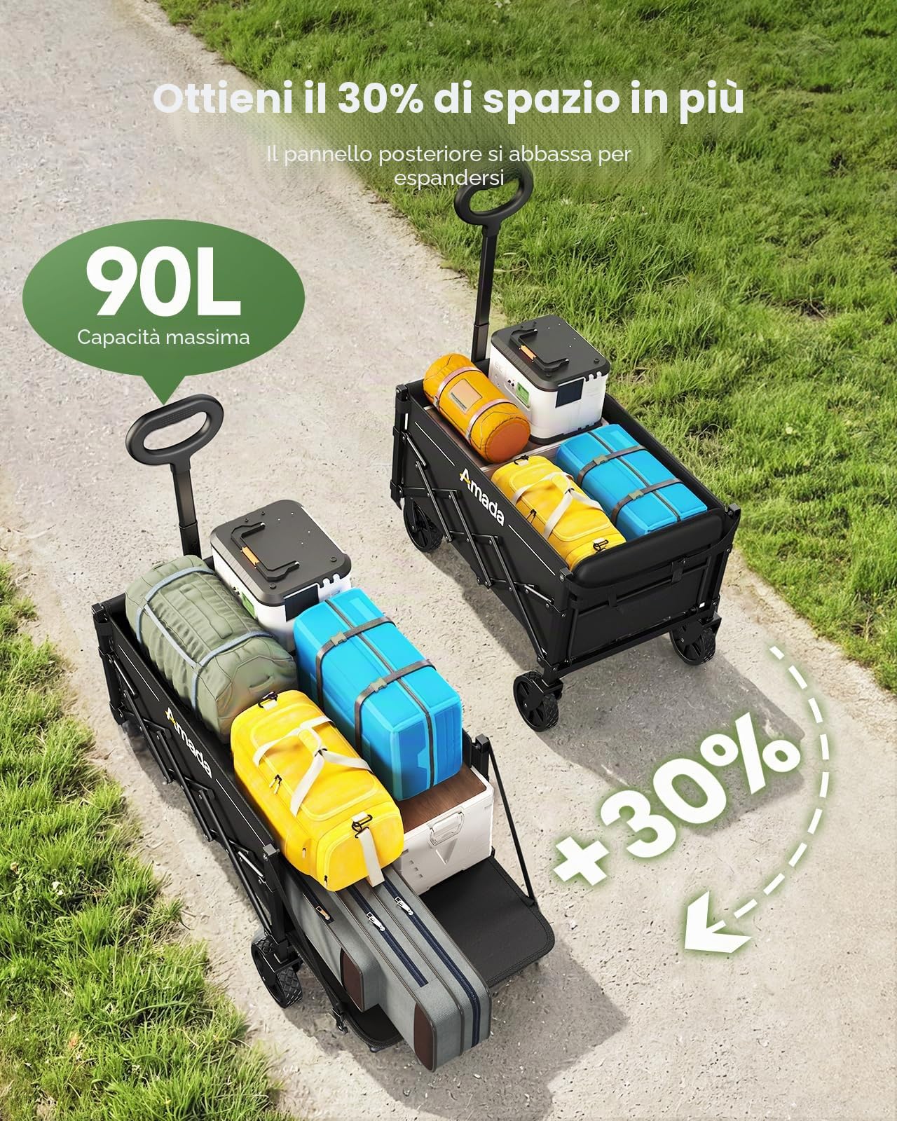 AMADA HOMEFURNISHING Carrello pieghevole, con carico massimo di 163 kg e stoccaggio espandibile, carrello pieghevole da 90L con 2 supporte tazze per all'aperto, alimentari, giardino e campeggio