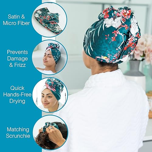 Miniatura 9 de Toalla de microfibra de satén para mujer, turbantes para cabello mojado con bolsa de almacenamiento a juego y coletero, toalla de secado rápido para