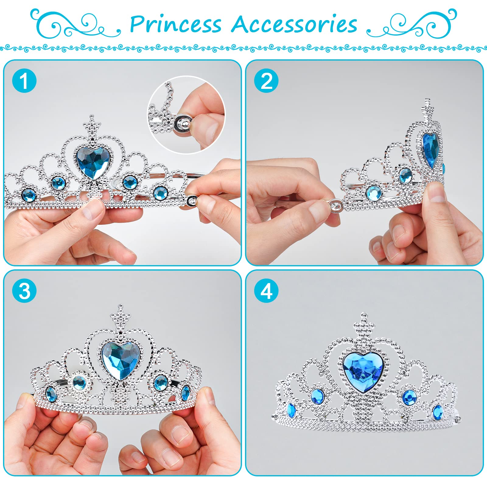 Aomig Accessori Principessa Elsa, 10 Pezzi Accessori per Vestire Principessa con Principessa Corona e Bacchetta Magica Bambina, Accessori Elsa Bambin per Carnival, Festa, Halloween, Cosplay