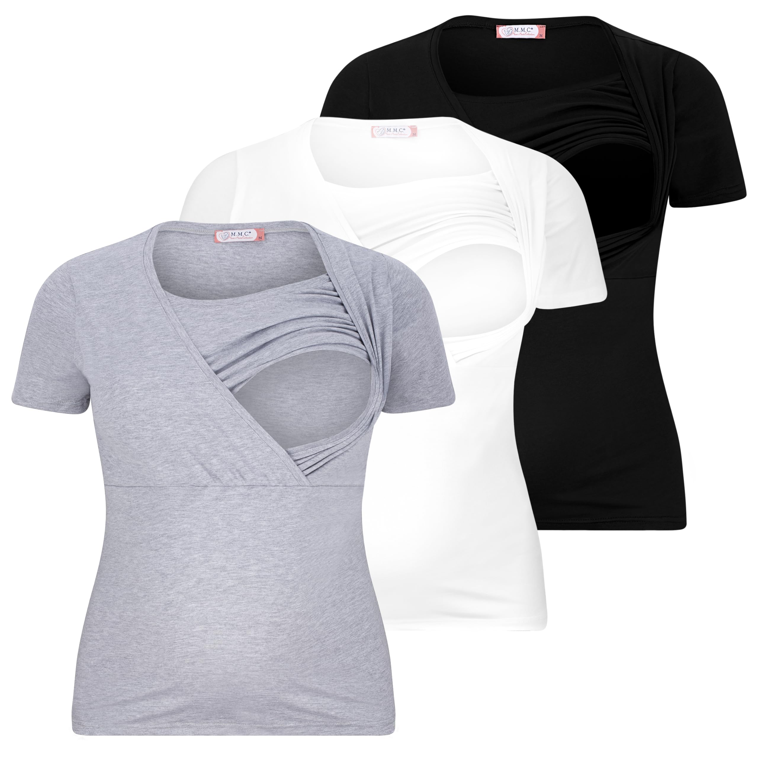 M.M.C. Lot de 3 t-shirts d'allaitement, couleur unie, mode de grossesse, d'allaitement, manches courtes