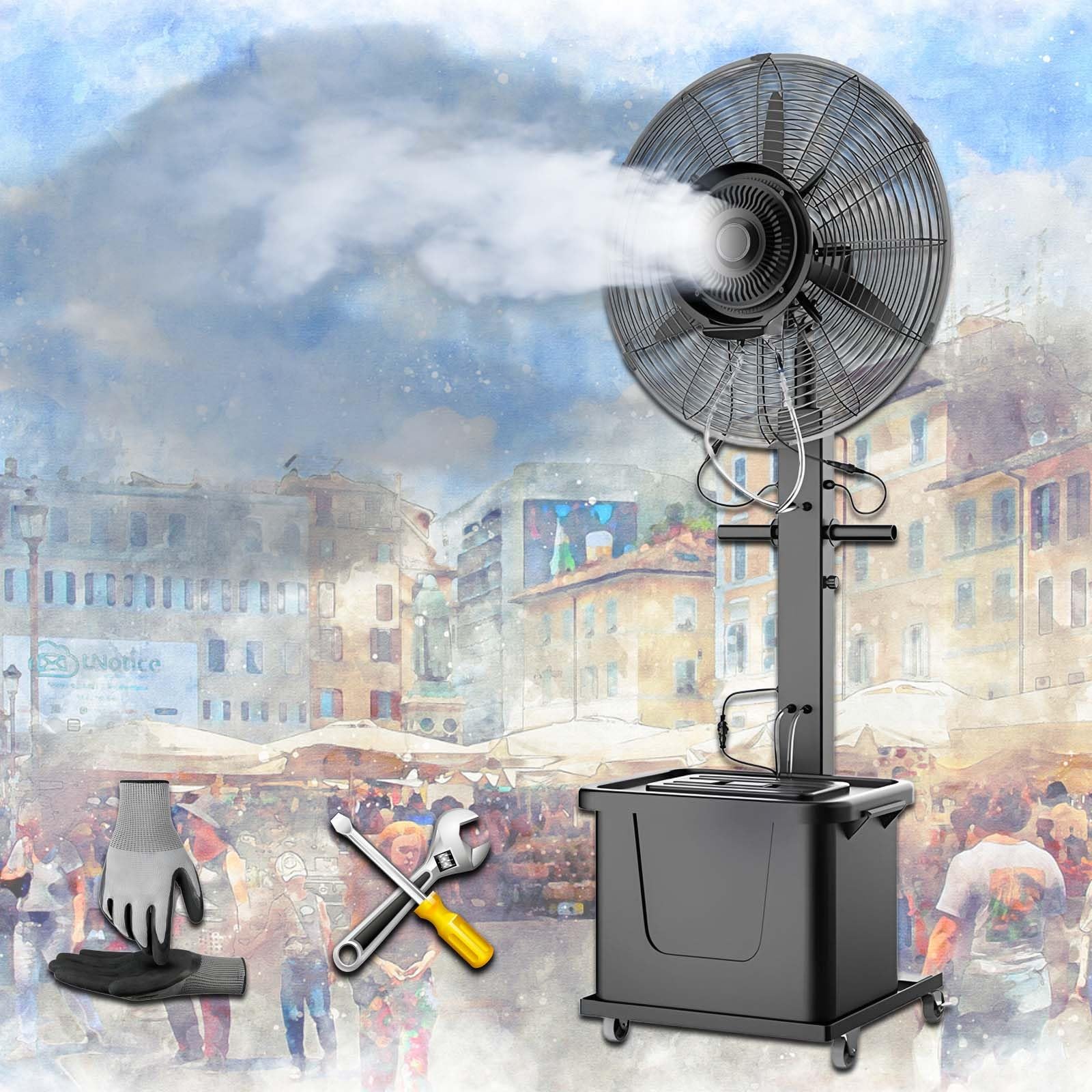 Komercyjny wentylator do użytku na zewnątrz 260 W, oscylacyjna chłodziarka natryskowa ze zbiornikiem 38 l, 3 ustawienia prędkości do patio, ogrodów, warsztatów i pikników, przenośny i podnoszony