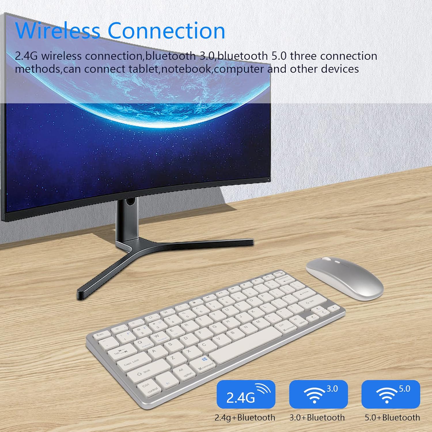 Super Space Wireless Keyboard and Mouse, 2.4G Ergonomic Bluetooth Set, Silent Rechargeable Slim for Windows, Mac, PC, Laptop, Tablet - White, Gift Kids Adults