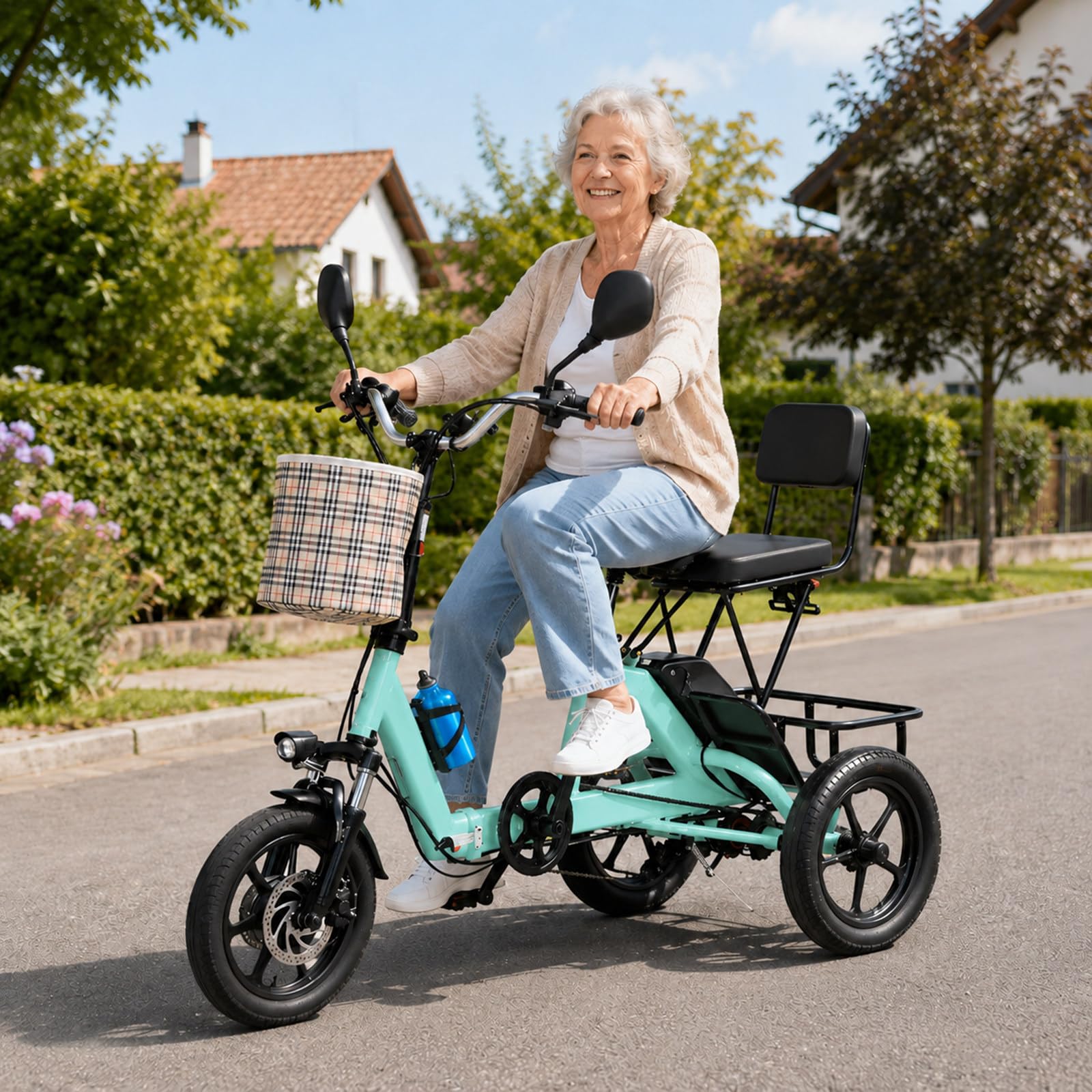 ErShangMao Electric Tricycle Bike For Adults,Foldable Electric Trike Bike W/ 200kg Capacity, 3-Wheel Tricycle With Seat & Basket, 20km/H,40km Range,Led Light & Horn,For Elderly And Adults Green