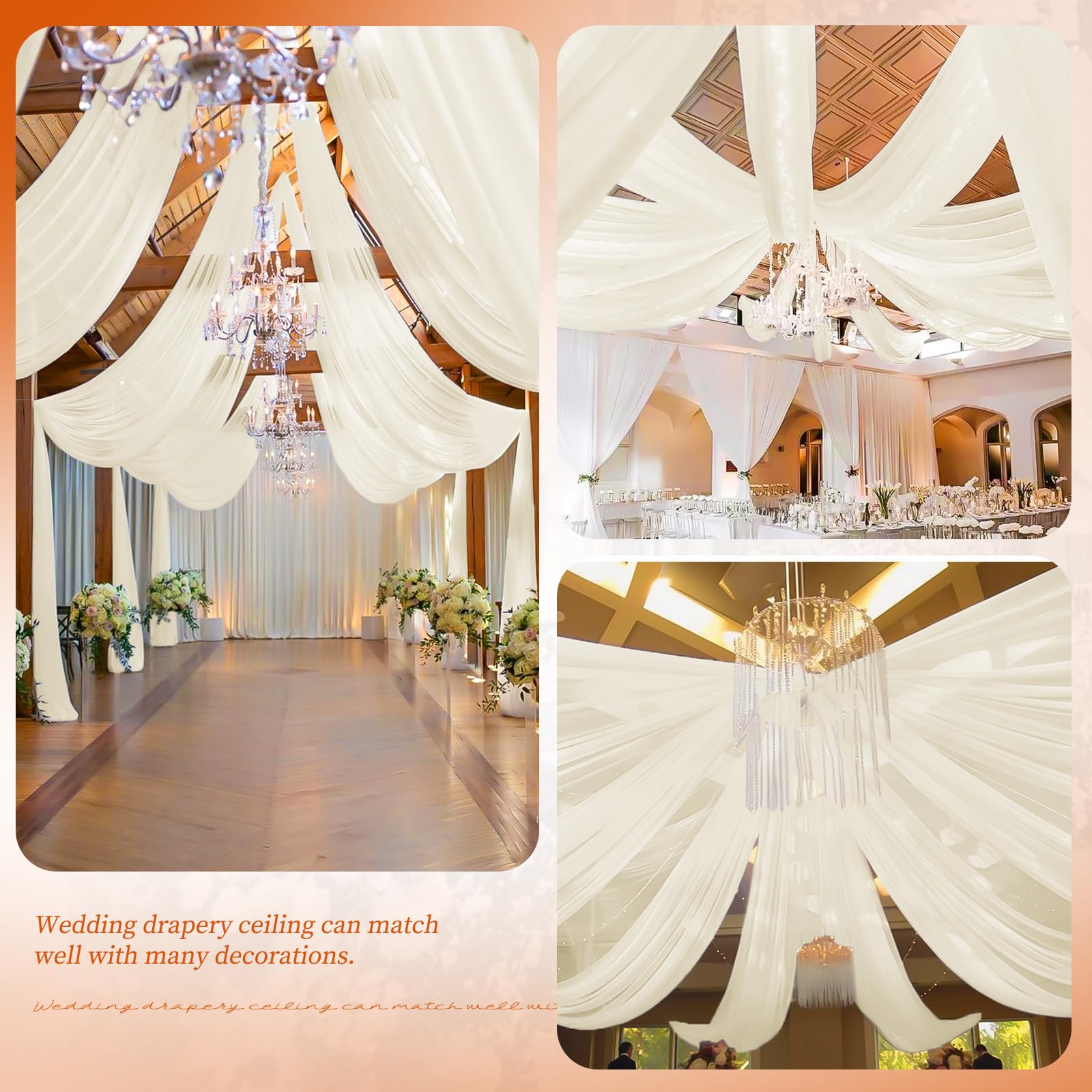 Showgeous Lot de 6 rideaux de plafond ivoire transparents en mousseline de soie pour fête, cérémonie, événement, décoration de mariage - 1,5 x 6,1 m