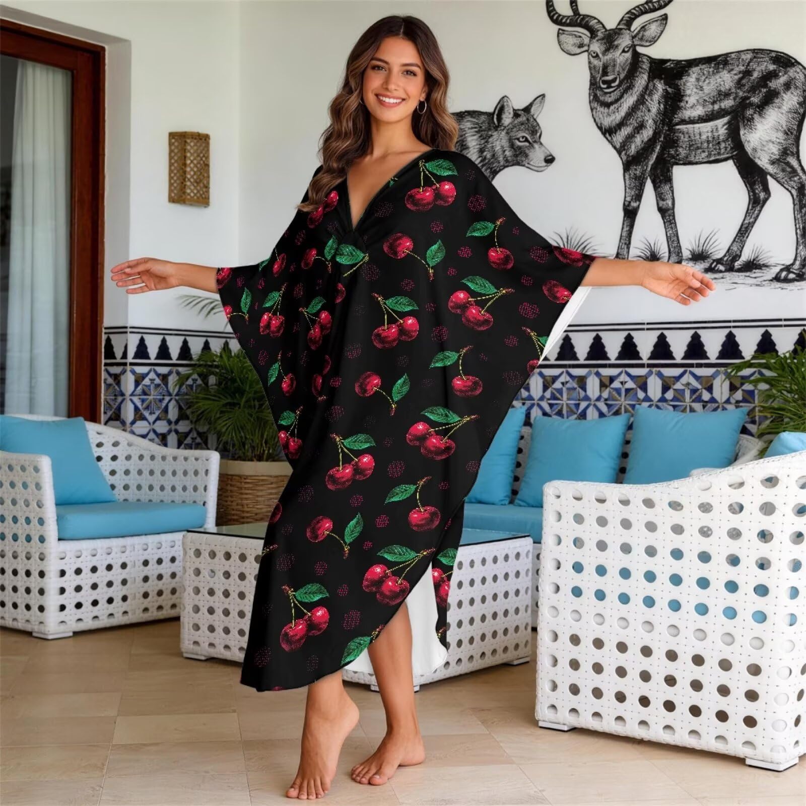 Xoenoiee Damskie sukienki kaftan plus size okrycie plażowe dekolt w serek rękaw nietoperz strój kąpielowy okrycie letnia sukienka kaftan